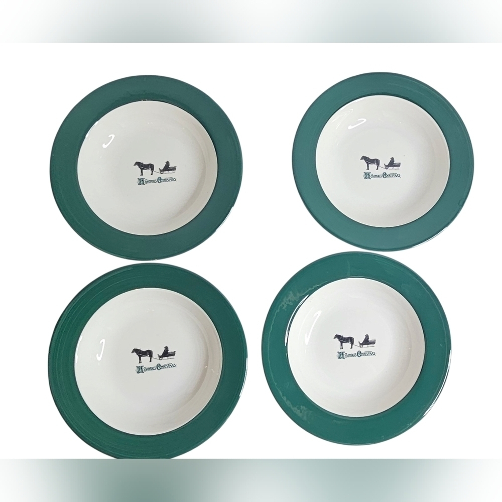 A Joyous Christmas” Holiday Green White Horse Carriage Bowl w/rim Made in Italy
